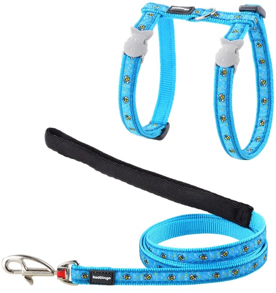 Traksid ja jalutusrihm kassile, disainmustriga Bumble Bee Turquoise (Red Dingo)