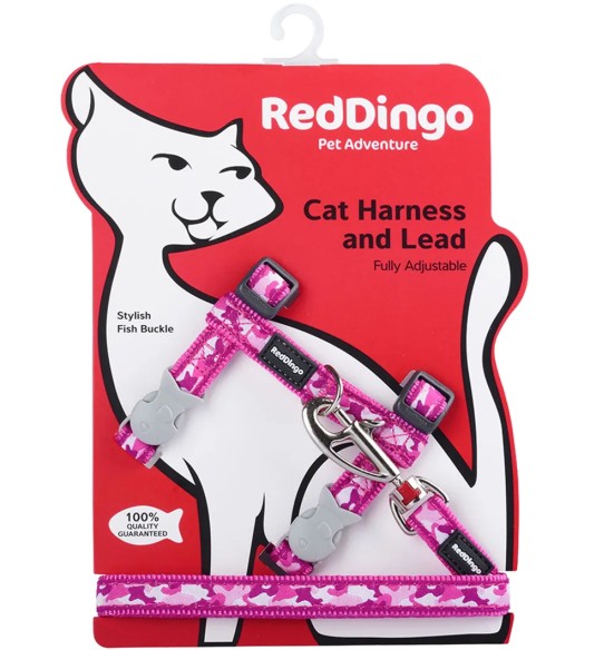 Traksid ja jalutusrihm kassile, disainmustriga Camouflage Hot Pink (Red Dingo)