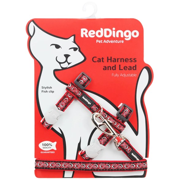 Traksid ja jalutusrihm kassile, disainmustriga Cosmos Red (Red Dingo)