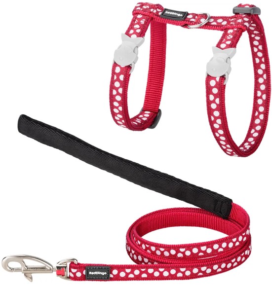 Traksid ja jalutusrihm kassile, disainmustriga White Spots on Red (Red Dingo)