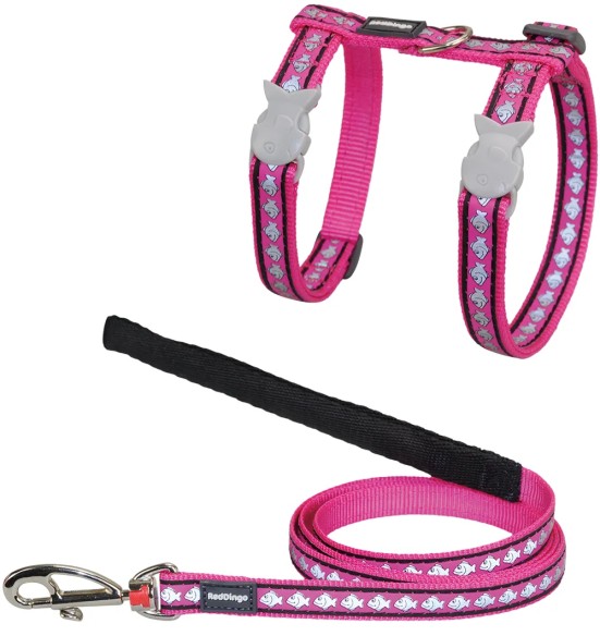 Traksid ja jalutusrihm kassile, helkurmustriga Reflective Fish Hot Pink (Red Dingo)