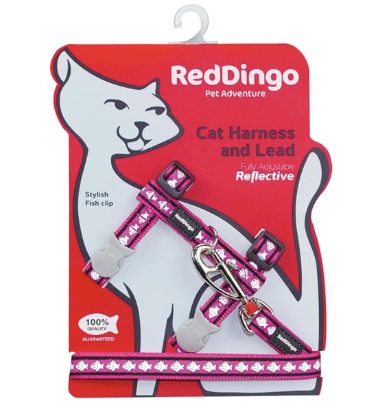 Traksid ja jalutusrihm kassile, helkurmustriga Reflective Fish Hot Pink (Red Dingo)