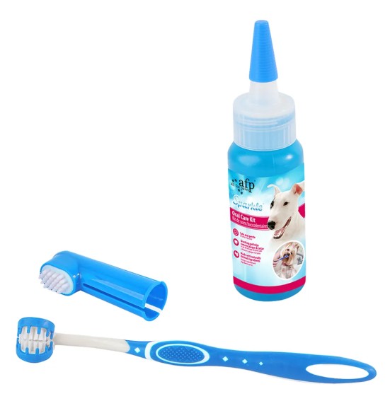 Koerte hammaste puhastamine, komplekt: harjamisgeel, hambahari, sõrmeotsa hambahari (AFP - Sparkle)
