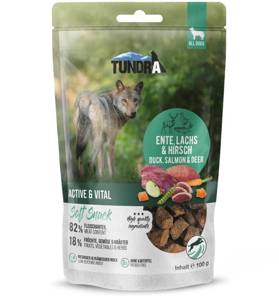 TUNDRA лакомство для собак с лососем, уткой и олениной ACTIVE & VITAL 100 г