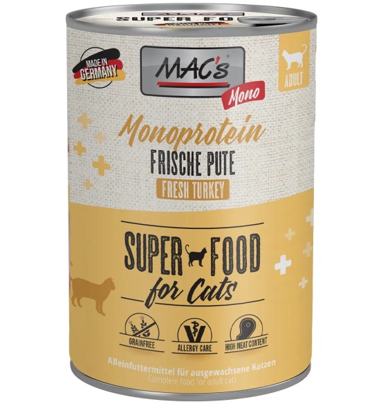 MAC's Mono konserv kassile VÄRSKE KALKUNILIHAGA teraviljavaba monovalguline (Superfood MACs Cat Fresh Turkey)
