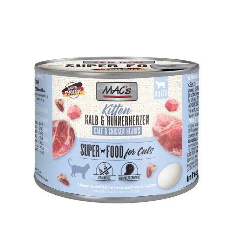 MAC's konserv kassipojale VASIKALIHA ja KANASÜDAMETEGA teraviljavaba (Superfood MACs Kitten Veal & Chicken Hearts)