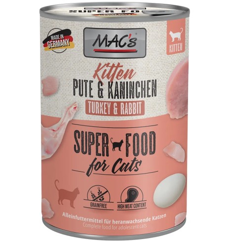 MAC's konserv kassipojale KALKUNI- ja JÄNESELIHAGA teraviljavaba (Superfood MACs Kitten Turkey & Rabbit)