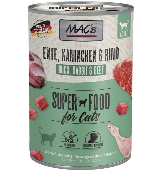 MAC's konserv kassile PARDI-, JÄNESE- ja VEISELIHAGA teraviljavaba (Superfood MACs Cat Duck, Rabbit, Beef)