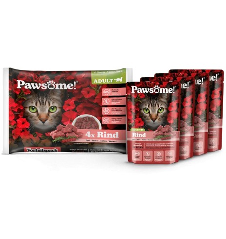 Pawsome! консервированный корм для кошек в пакетике, кусочки говядины в соусе, беззерновой