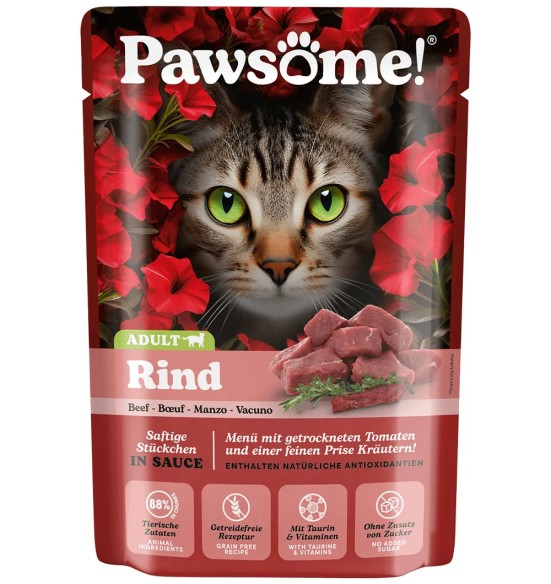 Pawsome! einekotike kassidele, veiseliha tükid kastmes, teraviljavaba