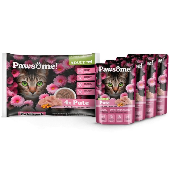 Pawsome! консервированный корм для кошек в пакетике, кусочки индейки в соусе, беззерновой