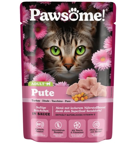 Pawsome! консервированный корм для кошек в пакетике, кусочки индейки в соусе, беззерновой
