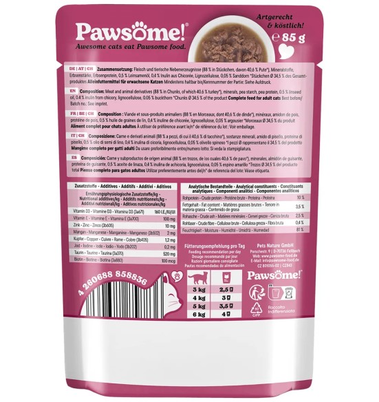 Pawsome! einekotike kassile, kalkuniliha tükid kastmes, teraviljavaba