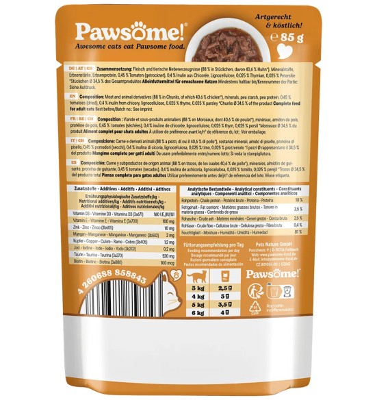 Корм консервированный Pawsome! для кошек в пакетике, кусочки курицы в соусе, беззерновой