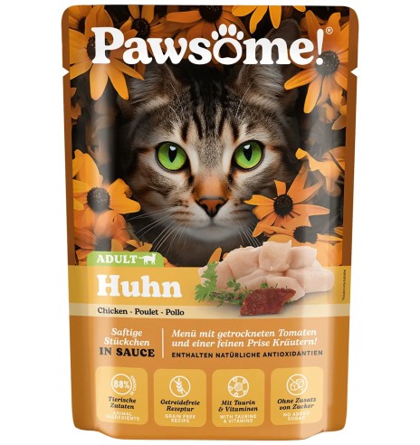 Pawsome! консервированный корм для кошек в пакетике, кусочки курицы в соусе, беззерновой