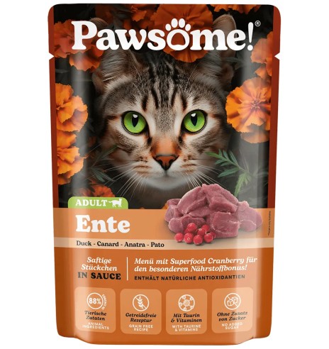 Pawsome! консервированный корм для кошек в пакетике, кусочки утиного мяса в соусе, беззерновой