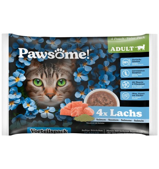 Pawsome! einekotike kassidele, lõhetükid kastmes, teraviljavaba kassikonserv