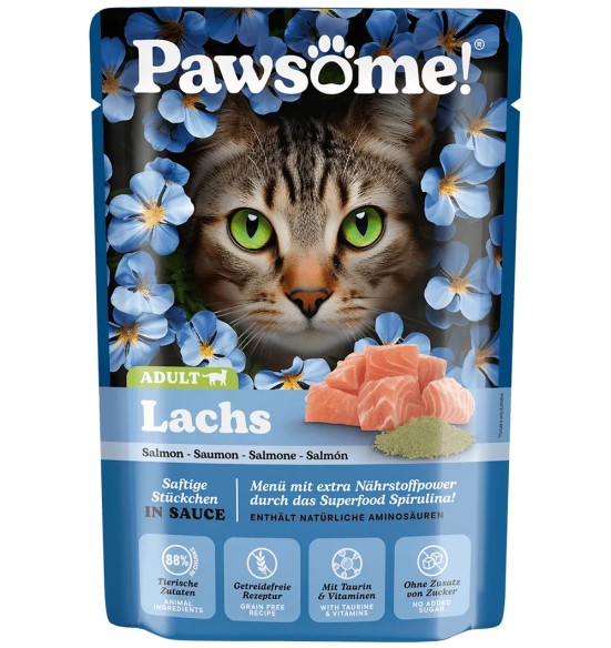 Pawsome! einekotike kassidele, lõhetükid kastmes, teraviljavaba kassikonserv