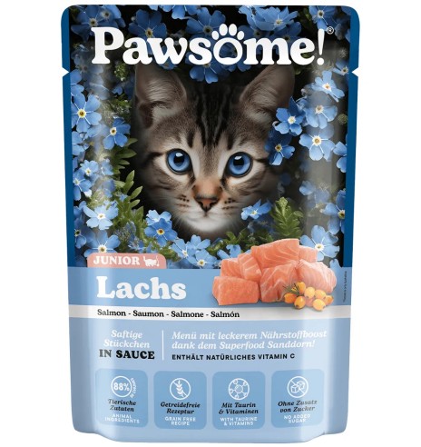 Pawsome! консервированный корм для котят в пакетике, кусочки лосося в соусе, беззерновой