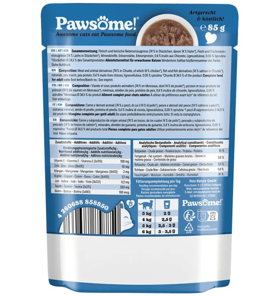 Pawsome! einekotikesed kassidele, MIX neljane pakk (veis, lõhe, kana, part)