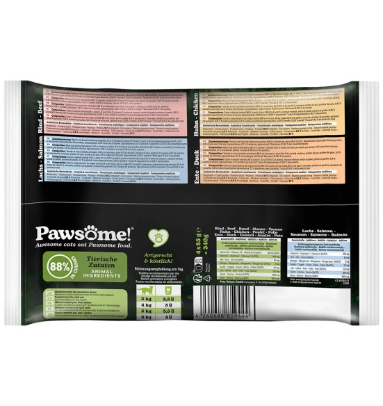 Pawsome! einekotikesed kassidele, MIX neljane pakk (veis, lõhe, kana, part)