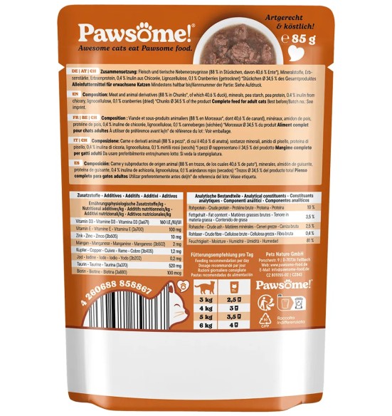 Pawsome! einekotikesed kassidele, MIX neljane pakk (veis, lõhe, kana, part)