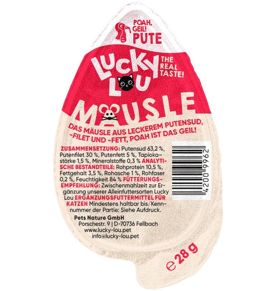 Паштет Lucky Lou Mäusle для кошек с мясом индейки, монопротеиновый, беззерновой