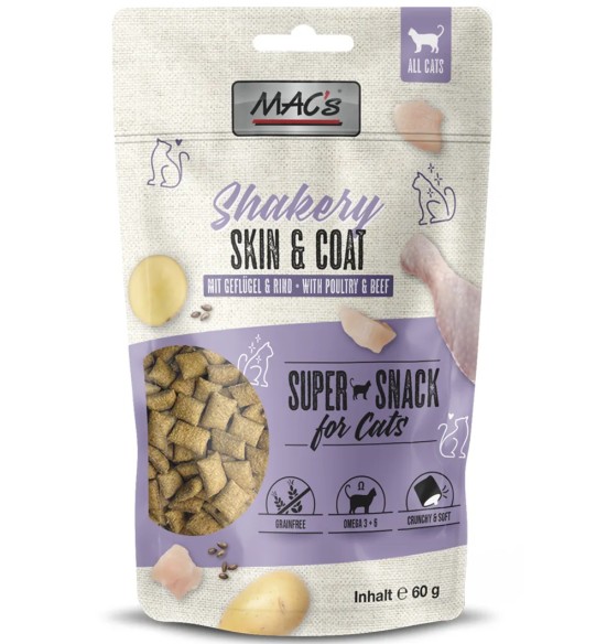 Лакомство для кошек MAC's Shakery Skin & Coat подушечки с кремовой мясной начинкой, для здоровья кожи и шерсти
