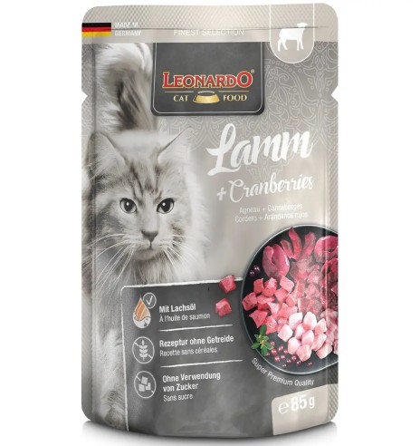 LEONARDO CLASSIC кошачий консервированный корм,с бараниной и клюквой, в пакетике