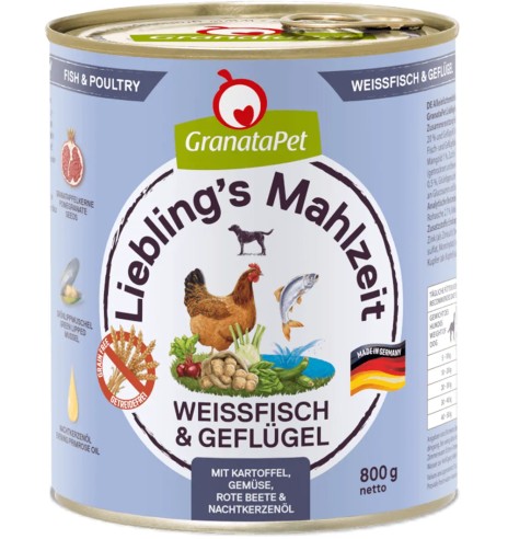 Консервы для собак Liebling´s Mahlzeit БЕЛАЯ РЫБА И ПТИЦА (65%) с картофелем, свеклой, кабачком и энотерой