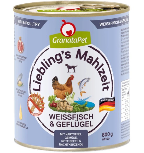 Liebling´s Mahlzeit TERAVILJAVABA koerakonserv VALGE KALA ja LINNULIHAGA (65%) koos KARTULI, PEEDI, LEHTPEEDI, KUNINGAKEPIÕLIGA