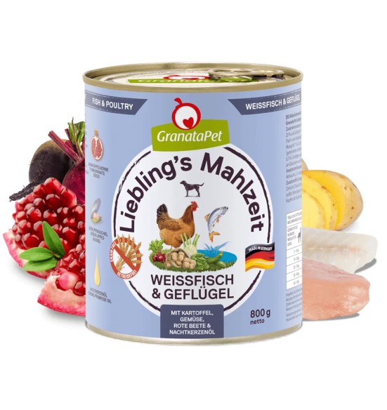 Liebling´s Mahlzeit TERAVILJAVABA koerakonserv VALGE KALA ja LINNULIHAGA (65%) koos KARTULI, PEEDI, LEHTPEEDI, KUNINGAKEPIÕLIGA