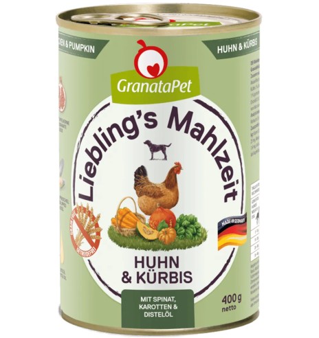 Консервы для собак Liebling´s Mahlzeit – КУРИЦА с тыквой, шпинатом, морковью и маслом расторопши