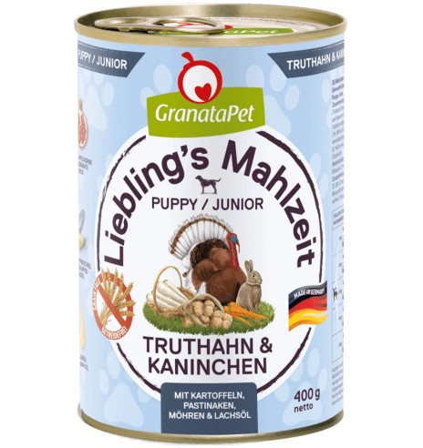 Консервы для щенков Liebling´s Mahlzeit – ИНДЮШКА и ЗАЯЦ с картофелем, пастернаком, морковью и жиром лосося