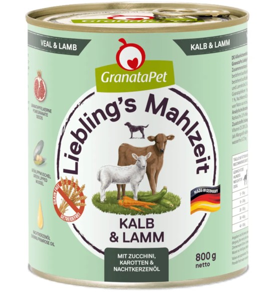 Консервы для собак Liebling´s Mahlzeit - ТЕЛЯТИНА И БАРАНИНА (65%), с кабачком, морковью и энотерой