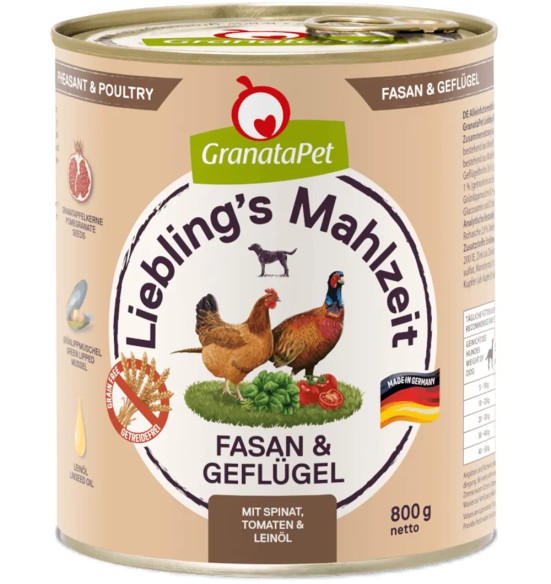 Liebling´s Mahlzeit TERAVILJAVABA konservtoit koertele FAASANI- ja KODULINNULIHAGA (65%) SPINATI, TOMATITE ning LINASEEMNEÕLIGA