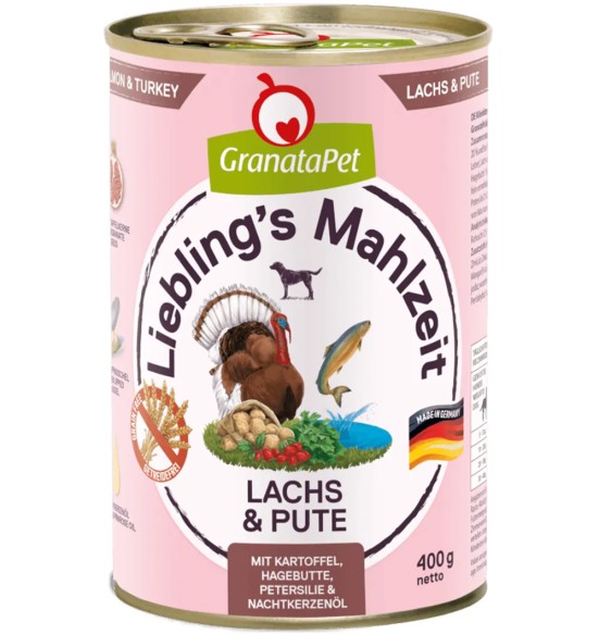 Liebling´s Mahlzeit TERAVILJAVABA konserv koertele LÕHE ja KALKUNILIHAGA (65%), KARTULITE, KIBUVITSAMARJADE, KUNINGAKEPIÕLIGA