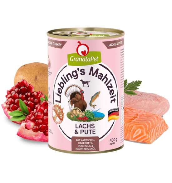 Консервы для собак Liebling´s Mahlzeit ЛОСОСЬ И ИНДЮШАТИНА с картофелем, шиповником и энотерой