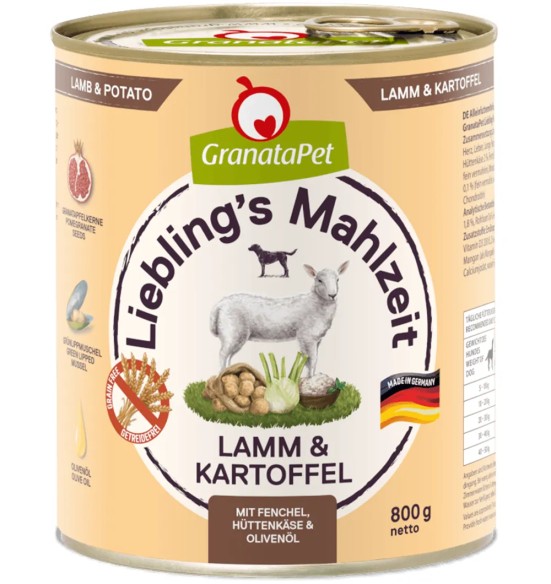 Liebling´s Mahlzeit TERAVILJAVABA konservtoit koertele LAMBALIHA (65%) ja KARTULITEGA koos APTEEGITILLI, KODUJUUSTU, OLIIVIÕLIGA