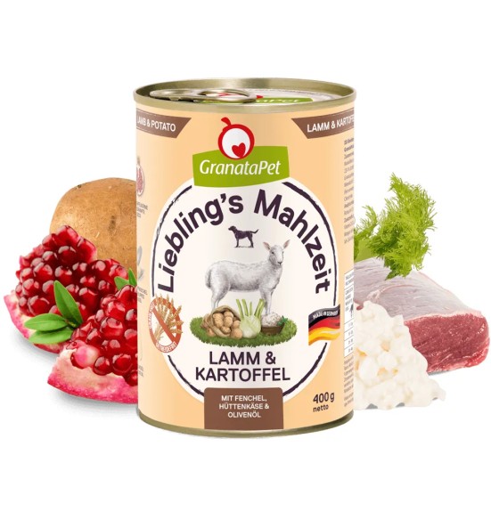 Liebling´s Mahlzeit TERAVILJAVABA konservtoit koertele LAMBALIHA (65%) ja KARTULITEGA koos APTEEGITILLI, KODUJUUSTU, OLIIVIÕLIGA