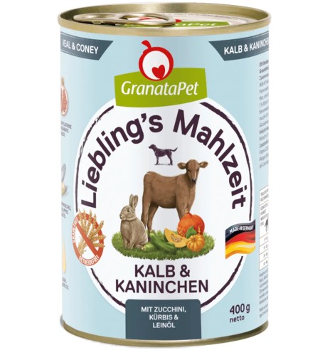 Консервы для собак Liebling´s Mahlzeit ТЕЛЯТИНА и КРОЛИК (65%) с кабачком, тыквой и льняным маслом