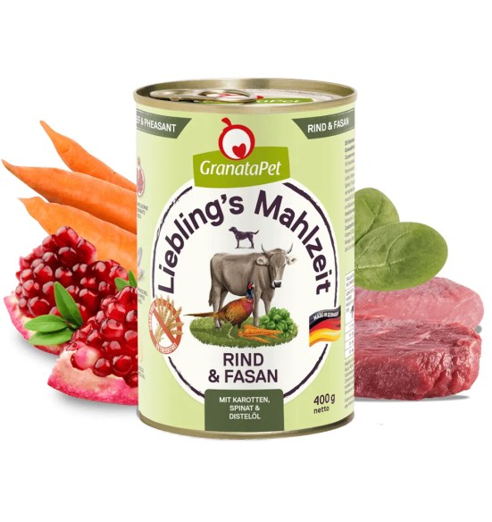 Liebling´s Mahlzeit TERAVILJAVABA konservtoit koertele VEISE- ja FAASANILIHAGA (65%) koos PORGANDITE, SPINATI ning OHAKAÕLIGA