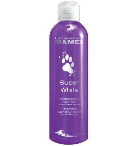 Šampoon Super White, valge karvastikuga koertele, tugevatoimeline, taastab loomuliku värvi, vähendab kollasust (Diamex)