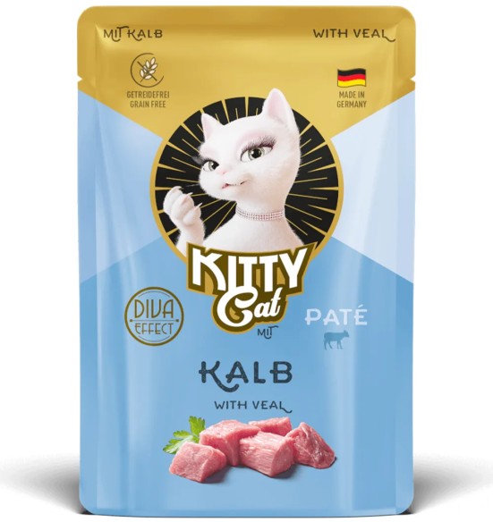 Корм в пакетике, консервированный KITTY Cat для кошек, с телятиной, беззерновой