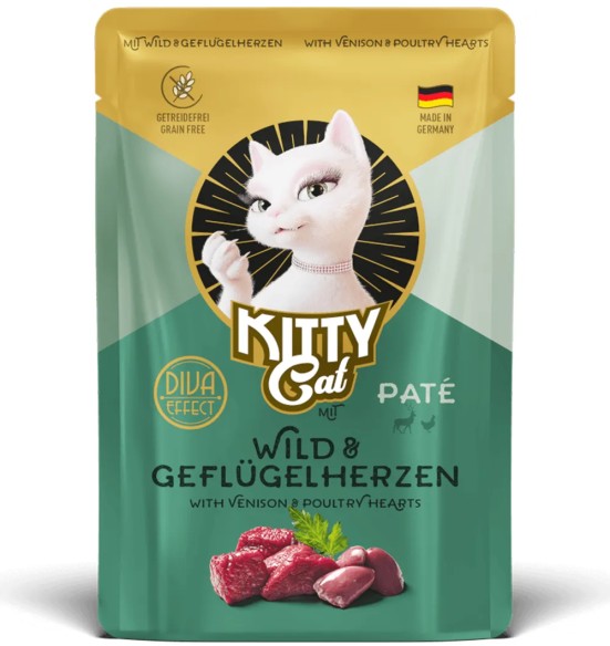 KITTY Cat корм-паштет в пакетике для кошек, с мясом дичи и сердечками домашней птицы, беззерновые