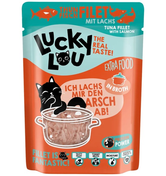 Lucky Lou Extra Food филе тунца и лосося в бульоне, беззерновой корм для кошек в пакетике