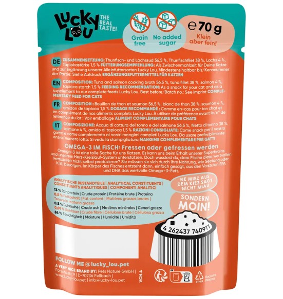Lucky Lou Extra Food филе тунца и лосося в бульоне, беззерновой корм для кошек в пакетике