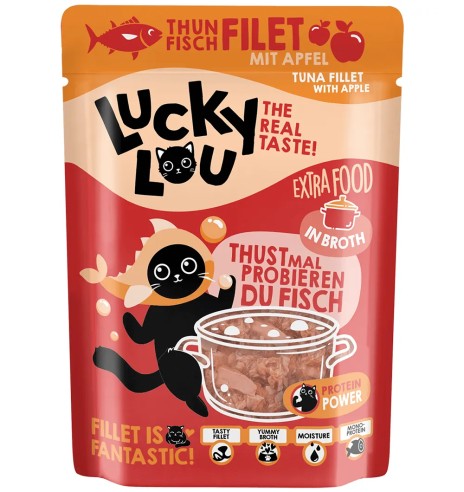 Lucky Lou Extra Food tuunikala filee õunaga puljongis, teraviljavaba kassieine kotikeses