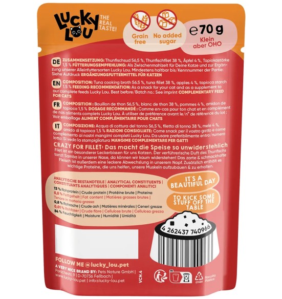 Lucky Lou Extra Food корм для кошек беззерновой, в пакетиках, филе тунца с яблоками в бульоне