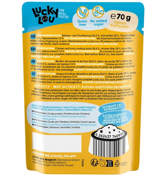 Lucky Lou Extra Food kana- ja tuunifilee puljongis, teraviljavaba kassieine kotikeses